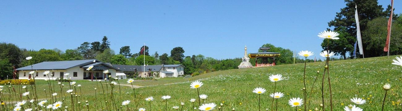 Photo panoramique du centre avec le temple, le stupa et le moulin à prière